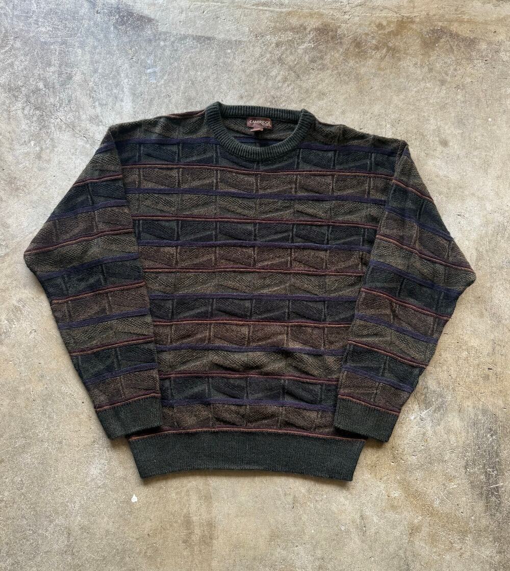 VTG 1990s Cambridge Classics Striped Earth Tone Knit Acrylic Sweater Size Large